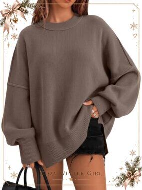 Oversized Crewneck Side Slit Long Sleeve Knit Sweater Pullover Top